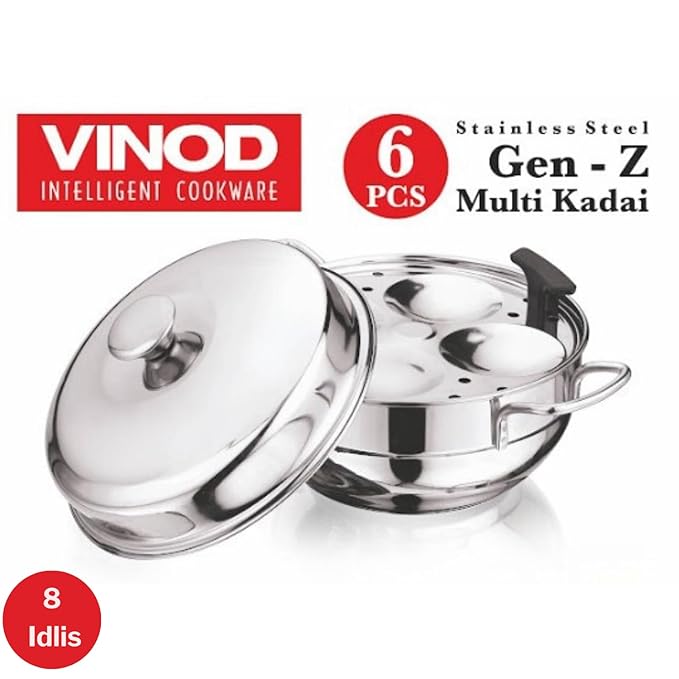 Vinod Gen-Z Stainless Steel Multi Kadai with 6 Plates - 19 cm| 2 Idli, 2 Dhokla and 1 Patra Plate | All in One Multi Purpose Kadhai