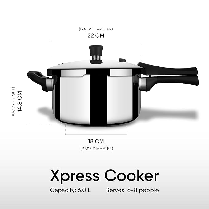 Stahl Xpress Cooker Triply Pressure Cooker Broad, Induction Cooker, Outer Lid Pressure Cooker 6 L | Induction & Gas Stove Compatible