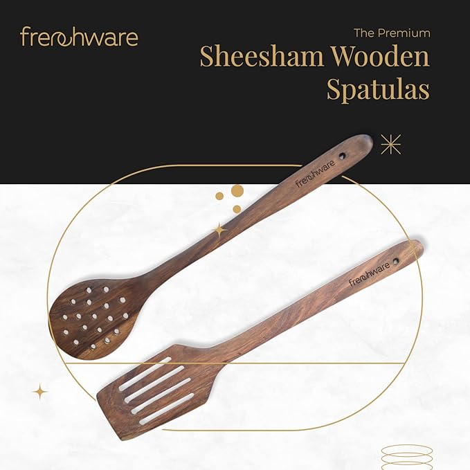 Frenchware Set of 2, Brown, Pure Sheesham Wood Spoons and Spatula for Non Stick Cookware Used for Cooking, Baking & Mixing