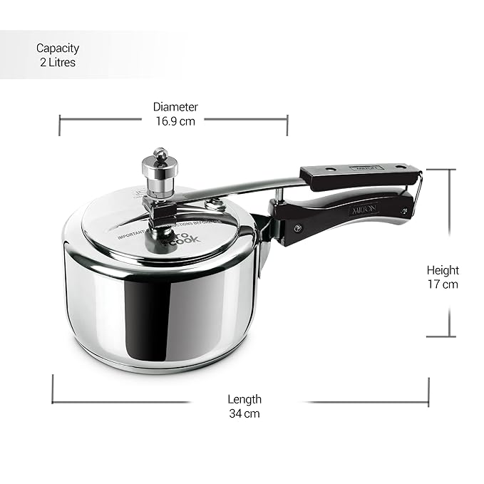 Milton Pro Cook Sandwich Bottom Stainless Steel Pressure Cooker with Inner Lid, 2 Litres, Silver - 2070 gms