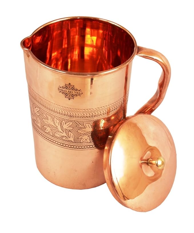 IndianArtVilla Embossed Design Copper Jug Pitcher with Brass Noob Volume - 1000 ml