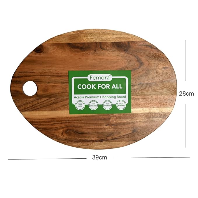 Femora Vegetable Acacia Wood Chopping Board Anti Bacterial Seasoned With Organic Mineral Oil Oval Shape | 39 X 28 Cm