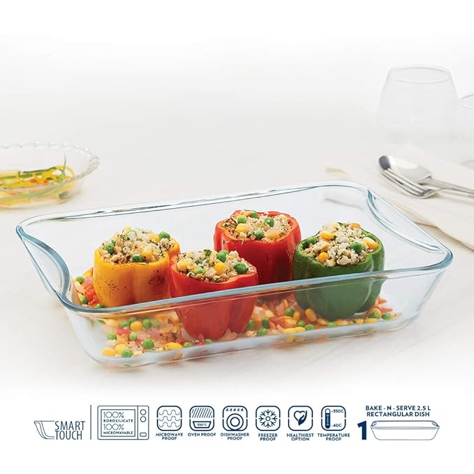 Borosil Rectangular Glass Baking Microwave and Oven Safe Dish | 2.5 Litres | Transparent