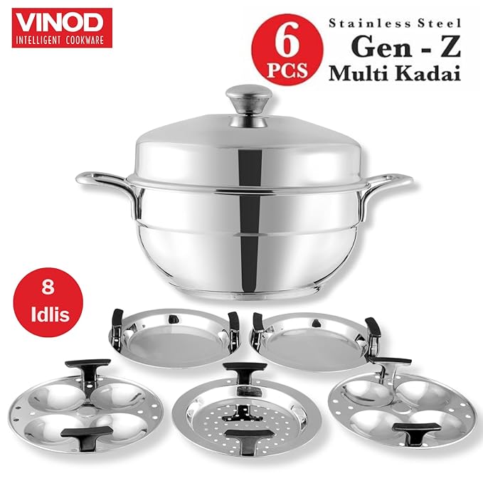 Vinod Gen-Z Stainless Steel Multi Kadai with 6 Plates - 19 cm| 2 Idli, 2 Dhokla and 1 Patra Plate | All in One Multi Purpose Kadhai