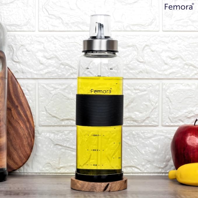 Femora Borosilicate Glass Leak Proof Oil Dispenser for Cooking With Stainless Steel Metallic Lid | 500 Ml