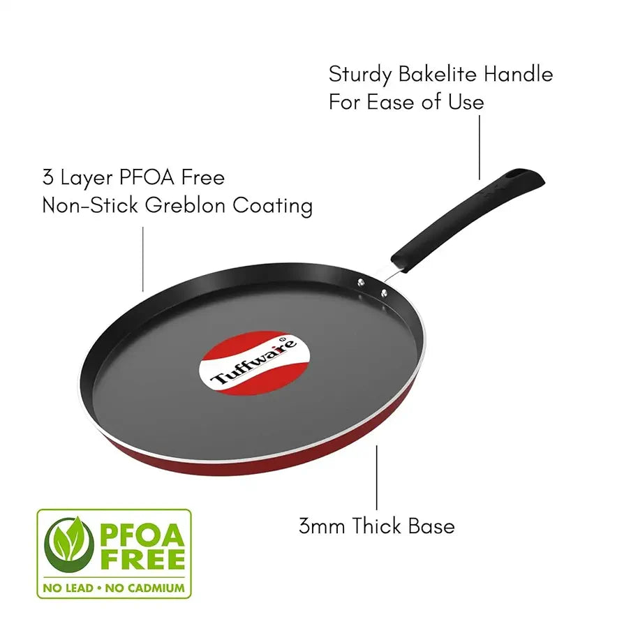 TUFFWARE Aluminium Non Stick Dosa Tawa - 26 cm | Flat Bottom Tawa | 3 mm Extra Thick | 3 Layer Non Stick Greblon Coating | Metal Spoon Friendly | Indcution & Gas Base | 1 Year Warranty