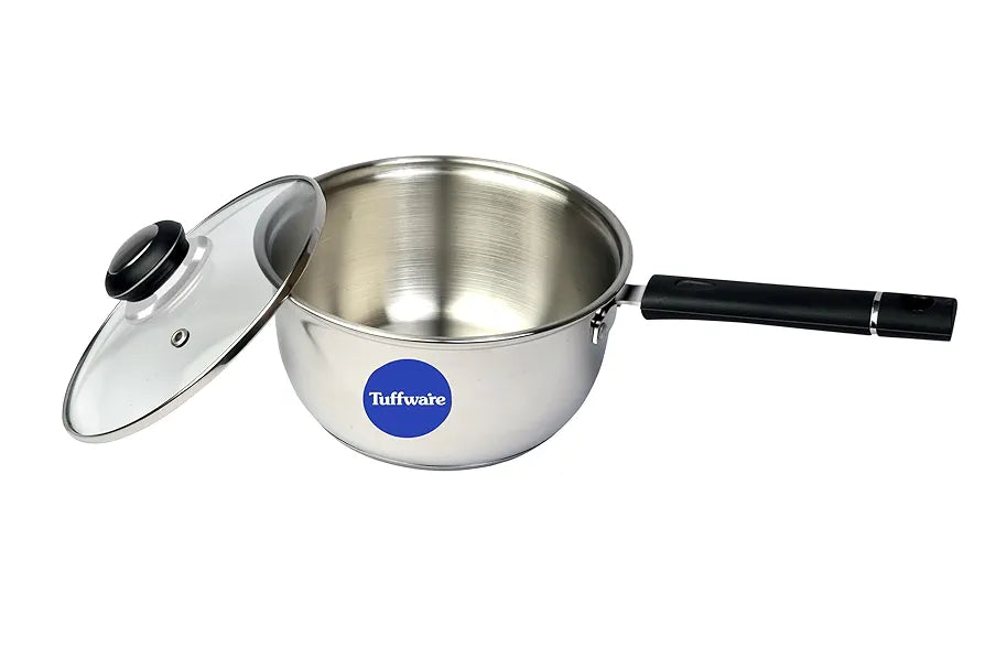 Tuffwaire Stainless Steel Sauce Pan with Glass Lid, Tea Pan With Glass Lid, Chai Pan, Small Pan | 20cm, 3 liter | Induction Friendly | 3-Layer Thick Bottom, 100% Toxin-Free