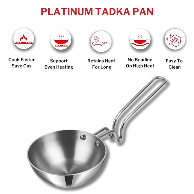 Vinod Platinum Triply Stainless Steel Tadka Pan Large - 300 ml, 11 cm | Balance Design Handle