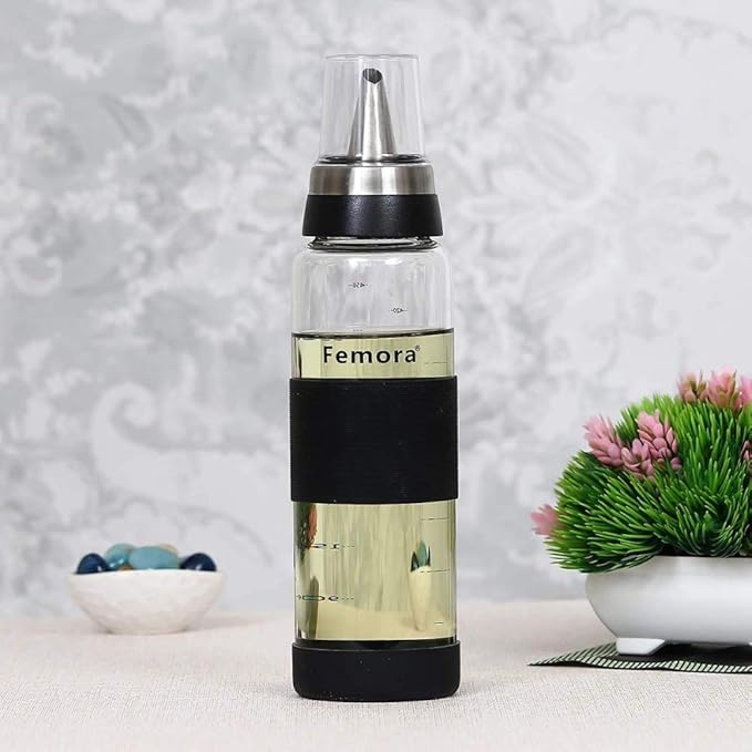 Femora Borosilicate Glass Oil Dispenser | 500ml | Set of 2 | Silver