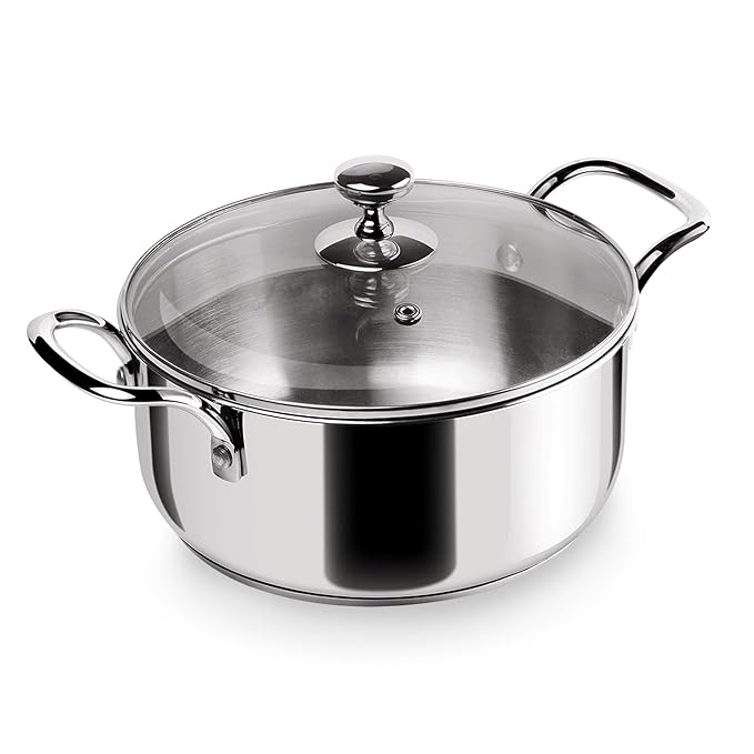 Milton Pro Cook Triply Stainless-Steel Sandwich Bottom Casserole Handi/Stock Pot/Biryani Pot with Glass Lid 24 cm, 5 Litre - 1765 gms