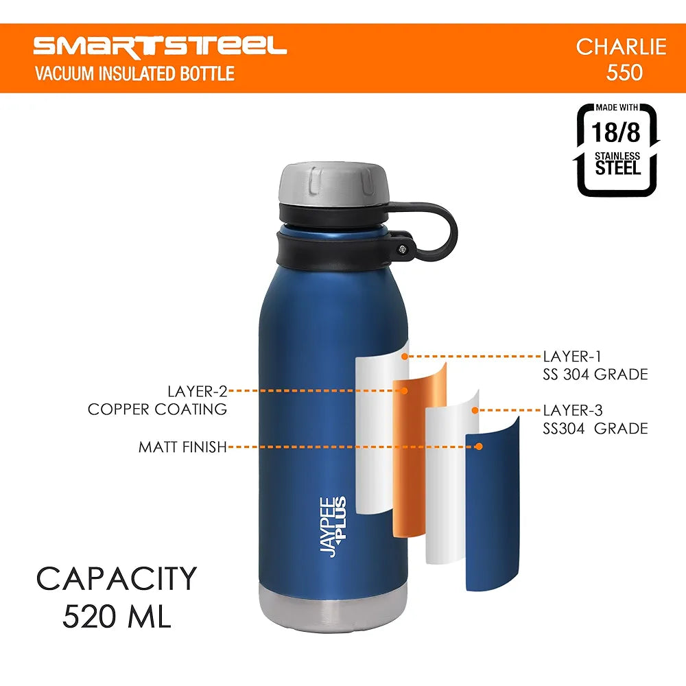 Jaypee Plus Charlie Stainless Steel Water Bottle,Long Hours Hot and Cold Water Bottle| Leak Proof | Office Bottle | Gym Bottle | Hiking | Trekking | Travel Bottle 500 ml, Blue
