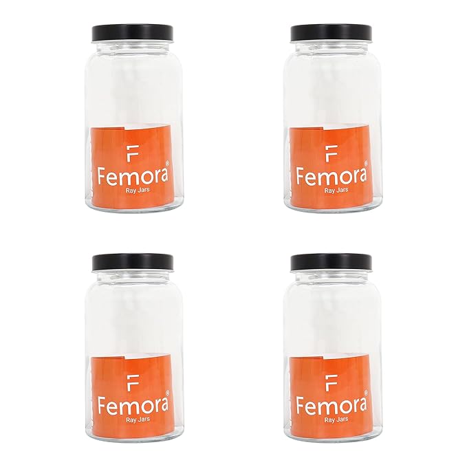 Femora Kitchen Storage Jars Clear Glass Jar With Steel Lid Air Tight Jar | 1500 Ml | Pack of 4 | Black Lid