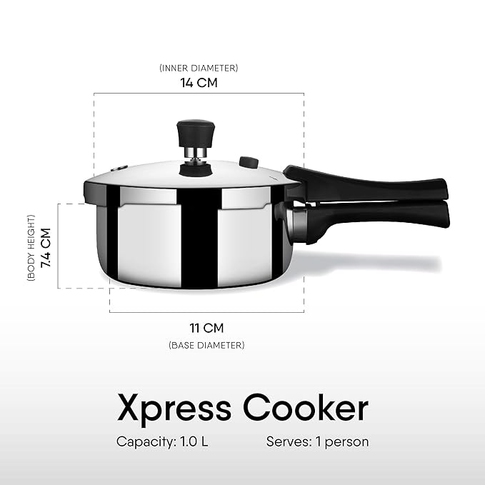 Stahl Xpress Cooker Triply Pressure Cooker Baby, Induction Cooker | Outer Lid Pressure Cooker 1 L | Induction & Gas Stove Compatible