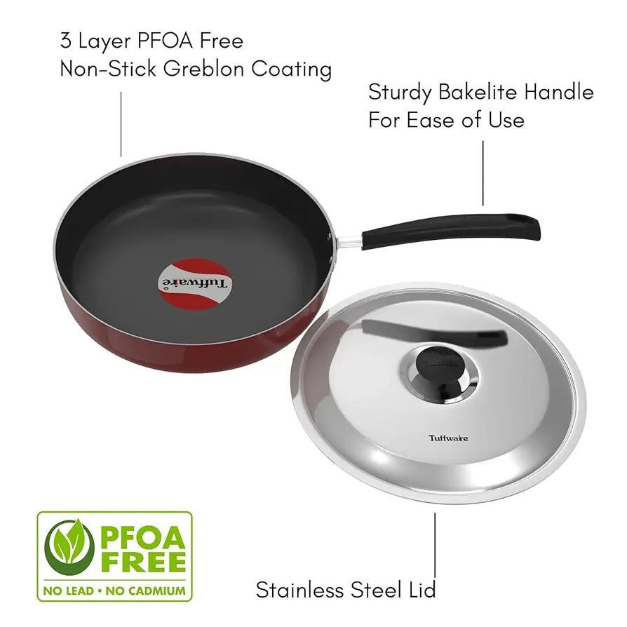 Tuffwaire Non-Stick Aluminium Deep Fry Pan With Stainless Steel Lid, Sturdy Riveted and Bakelite Handle, 240mm Diameter, 3mm Thick, Non Toxic and PFOA Free, 12 Months Warranty