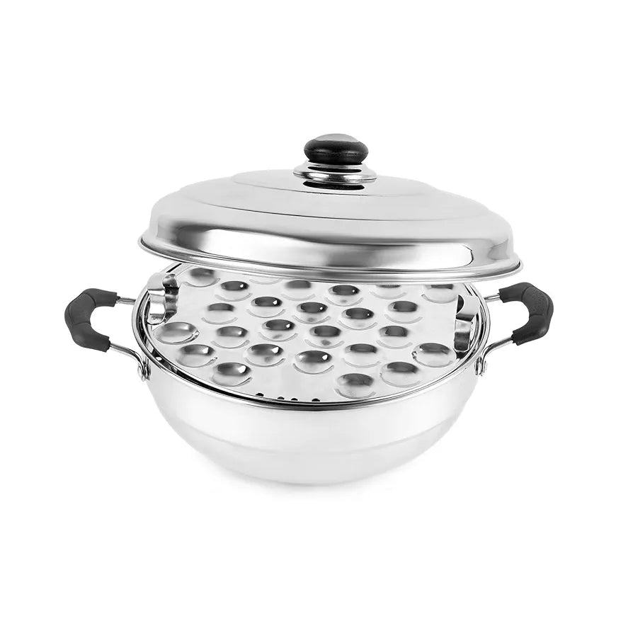 Cello Stainless Steel Induction Base Idli Cooker and Multi Kadhai Set of 6, Silver, 5 Liter | Compatible with Gas Stove & Induction | Ideal for Dhokla, Patra, Idli and Momos