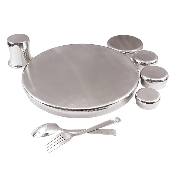 Indian Art Villa Stainless Steel Curved Dinner Set/Thali Set of 1 Plate, 1 Small Plate 3 Bowl, 1 Small Bowl, 1 Glass, 1 Spoon & 1 Fork (9 Pieces)