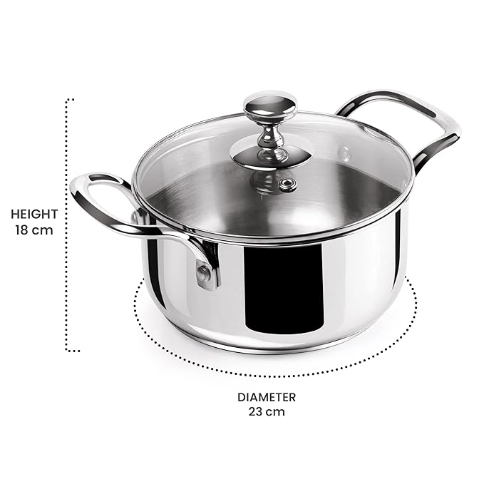 Milton Pro Cook Triply Stainless-Steel Casserole Handi/Stock Pot/Biryani Pot with Glass Lid 16 cm, 1.6 Litre - 1150 gms