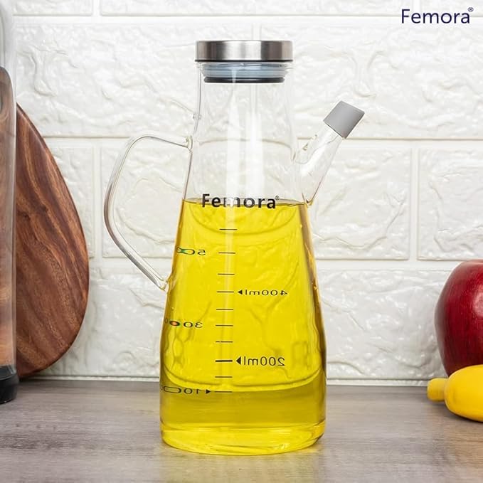 Femora Borosilicate Glass Oil Bottle With Handle | Clear | Pack of 1 | Transprent | 650 Ml