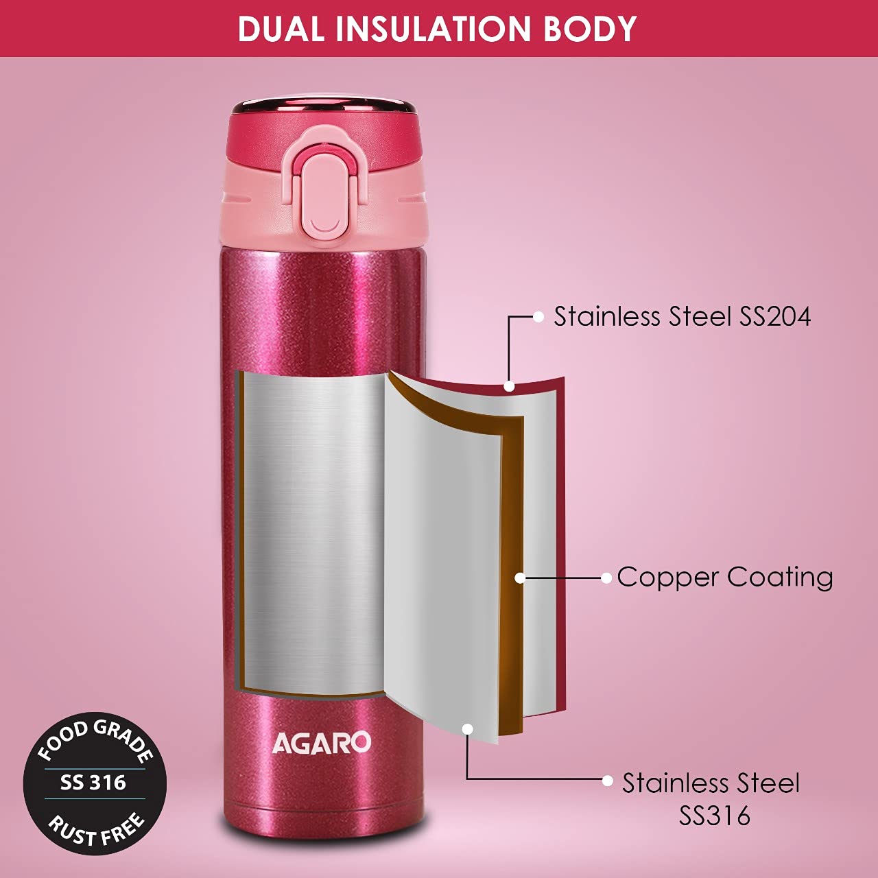 Agaro Galaxy Stainless Steel Vacuum Flask 500 ml | Dual Insulation with Copper Coating, Leak and Rust Proof, Hot and Cold upto 16hrs, (Cherry Red)