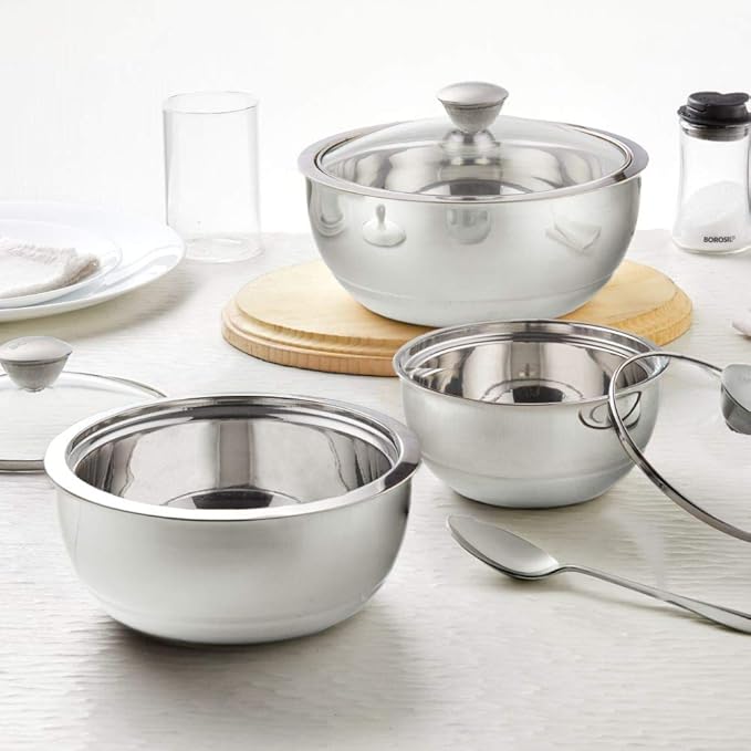 Borosil Stainless Steel Curry Server | Silver | 500ml, 900ml, 1.5l | 3 Piece Set