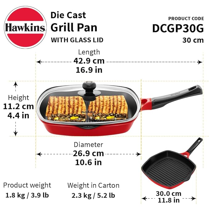 Hawkins 30 cm Grill Pan Non Stick Die Cast Grilling Pan with Glass Lid Square Grill Pan