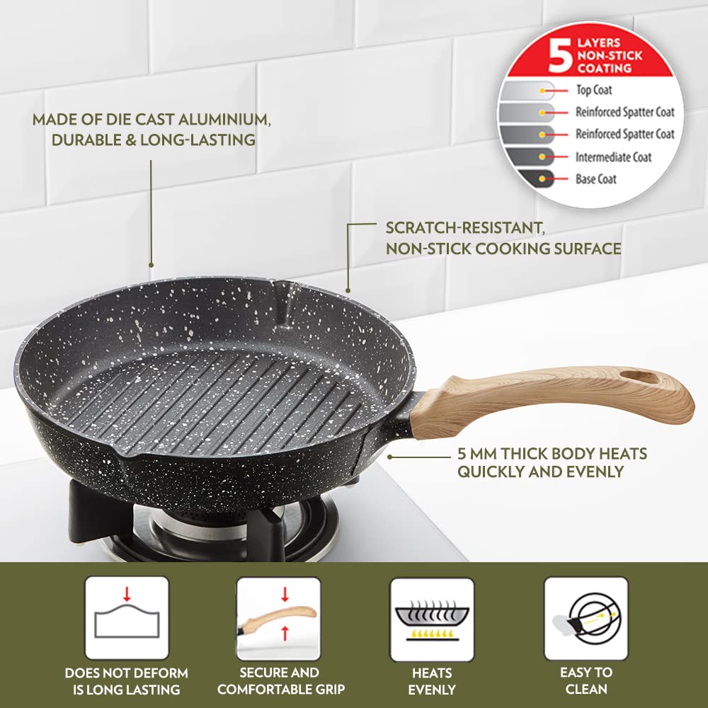 Borosil Vajra Die-cast Non-stick Aluminium Round Grill Fry Pan | Frying Pan With Ridges | Black With Wood-finish Handles | 240 Mm Wide | 5 Mm Thick