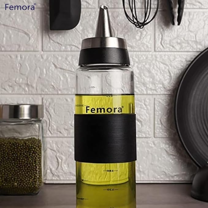 Femora Borosilicate Glass Leak Proof Oil Dispenser for Cooking With Stainless Steel Metallic Lid | 500 Ml