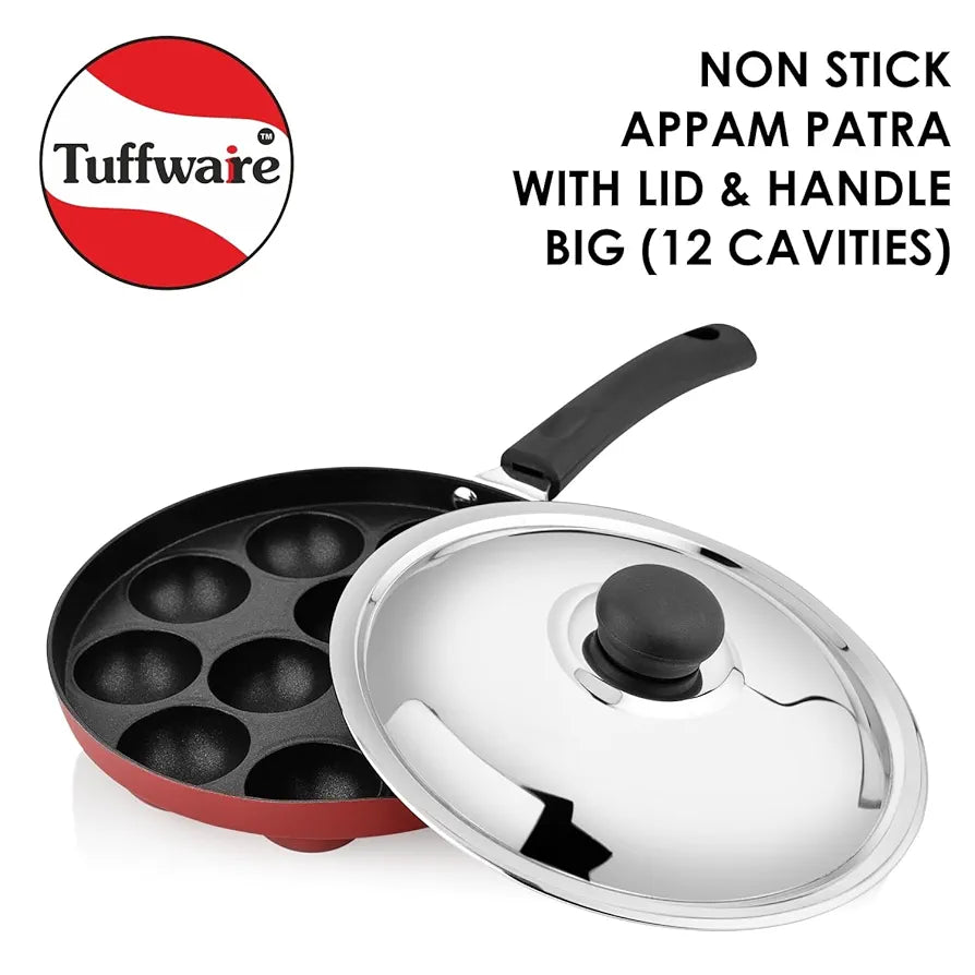 Tuffware Non-Stick Appam Patra , 12 Cavity, Stainless Steel Lid, Big, With Handle, PFOA Free