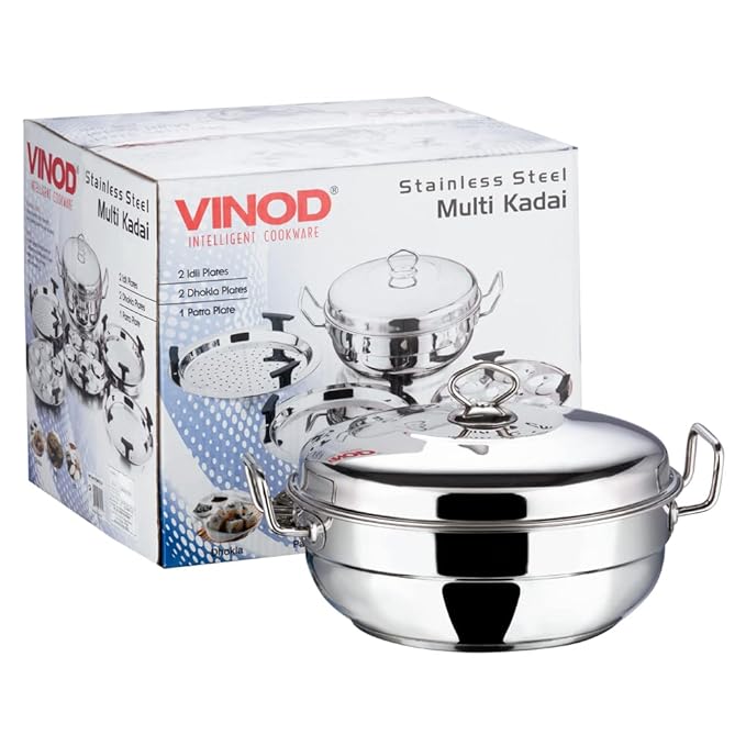 Vinod Stainless Steel Multi Kadai with 5 Plates - 26cm | 2 Idli, 2 Dhokla/Momos and 1 Patra Plates | Dhokla and Momos Steamer/Maker