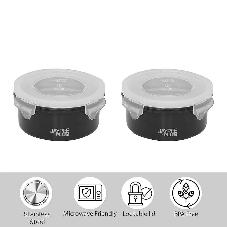 Jaypee Plus Stainless Steel Inner Micropac 2 Container Lunch Box | Leak Proof | Microwave Safe | Insulated Lunch Box | Air Tight | Insulated Tiffin Box for Office | 400 Ml Black