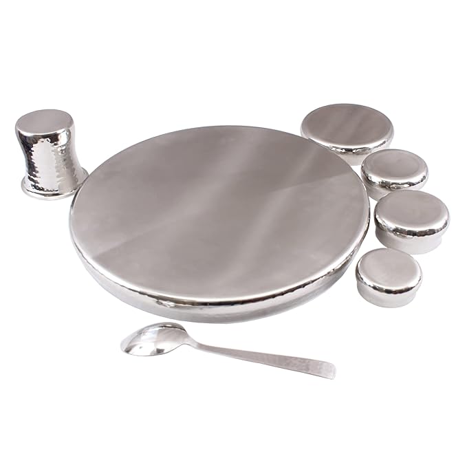 Indian Art Villa Stainless Steel Curved Dinner Set/Thali Set of 1 Plate 1 Small Plate, 2 Bowl, 1 Small Bowl, 1 Glass & 1 Spoon (7 Pieces)