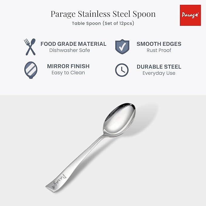 Parage Stainless Steel Spoons Set of 12, Dinner Spoon Length 16cm Food Grade Silverware for Home & Kitchen