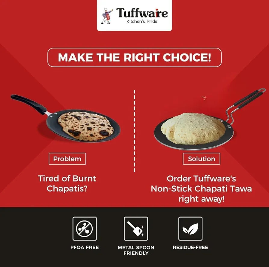 Tuffwaire Non Stick Flat Multi Tawa for Roti Chappati, Pratha, Dosa, Uthapam - 30 cm | 4mm Thick | 3 Layer Greblon Coating | Metal Spoon Friendly | Induction & Gas Base | 1 Year Warranty