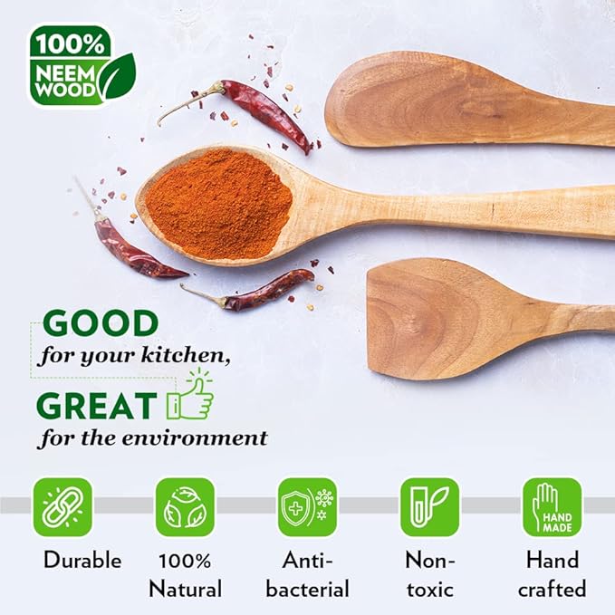 Borosil Organic Neem Wood Cooking Spoons | 100% Organic | for Cooking & Serving | Set of 3