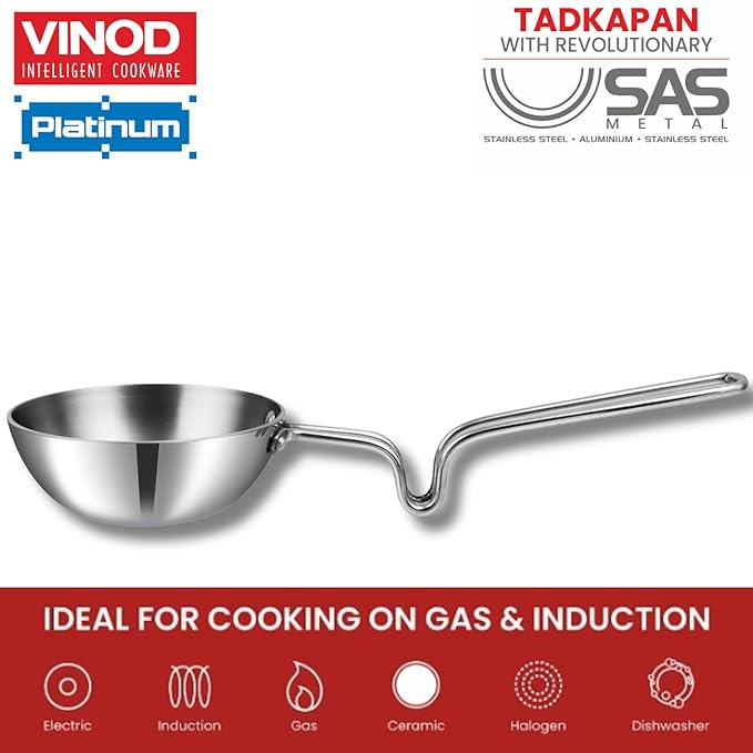 Vinod Platinum Triply Stainless Steel Tadka Pan Large - 300 ml, 11 cm | Balance Design Handle