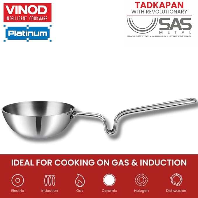 Vinod Platinum Triply Stainless Steel Tadka Pan Jumbo | 400 Ml | 12.5 Cm | Balance Design Handle