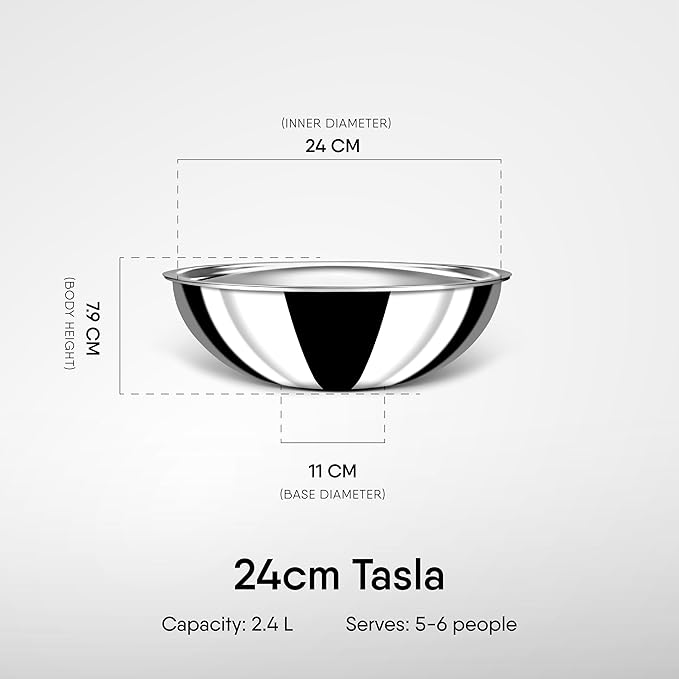 Stahl Triply Stainless Steel Tasla With Lid | Tri Ply Tasla Kadai With Induction Base | Artisan 4624 | Dia 24 Cm | 2.4 L