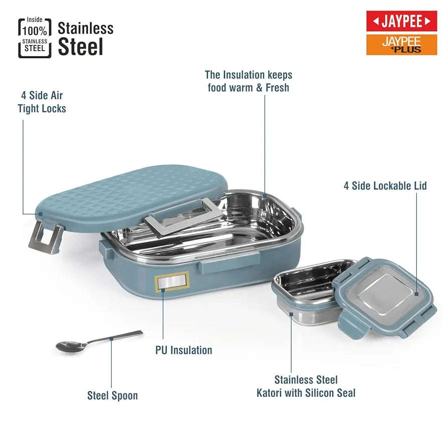 JAYPEE Snapsteel Inner Stainless Steel Insulated Lunch Box Blue, 650 ml, Airtight Tiffin Box for School Kids | Spillproof with Silicon Seal | Food Grade | BPA Free