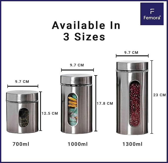 Femora Kitchen Storage Jars Steel Body With See Through Window Jar | 700 Ml | Pack of 6