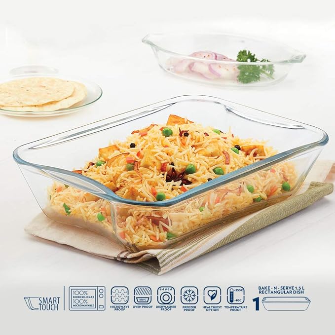 Borosil Glass Rectangular Baking Dish | 1 Piece | 1.5 Litres | Transparent