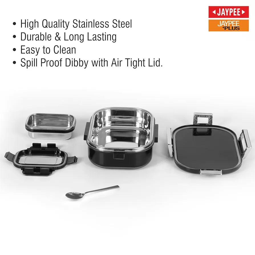 JAYPEE Stainless Steel Inner Insulated Lunch Box Snapsteel Black, 650 ml, Airtight Tiffin Box for School Kids |Food Grade | BPA Free