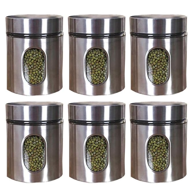 Femora Kitchen Storage Jars Steel Body With See Through Window Jar | 700 Ml | Pack of 6