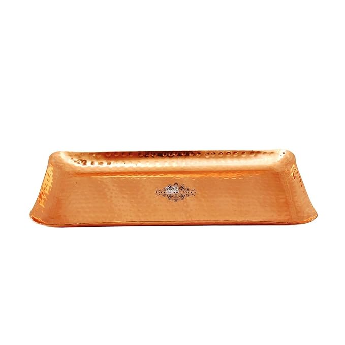 Indian Art Villa Pure Copper Hammered Rectangular Tray Platter 6'' X 12'' Inch - 568 gms