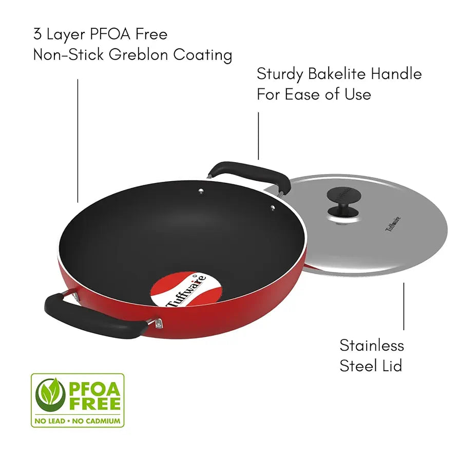 Tuffware Non-Stick Deep Kadai with Stainless Steel Lid,Induction Base, 3 Liters, 3mm Thick, PFOA Free, 3 Layer Greblon Coating | 1 Year Warranty