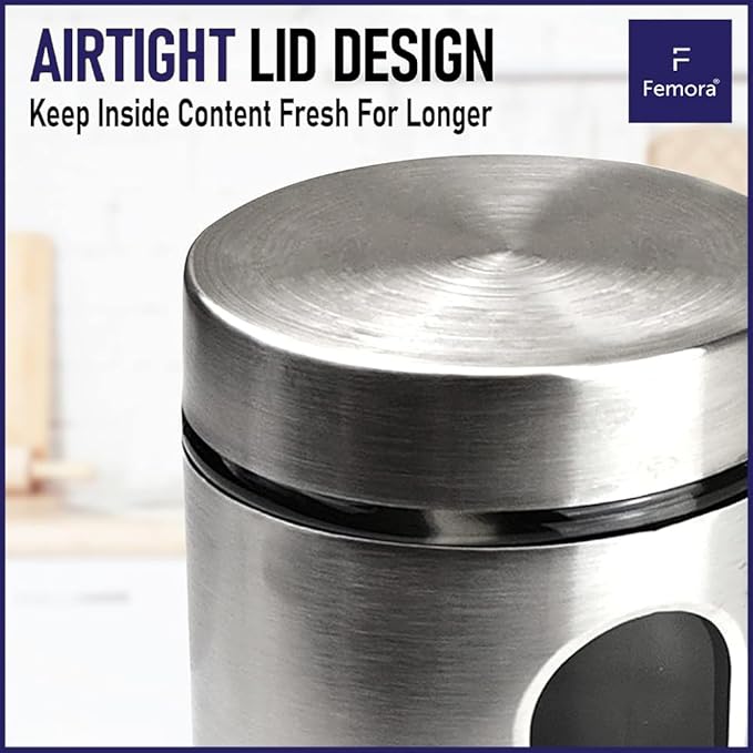 Femora Kitchen Storage Jars Steel Body With See Through Window Jar | 700 Ml | Pack of 6