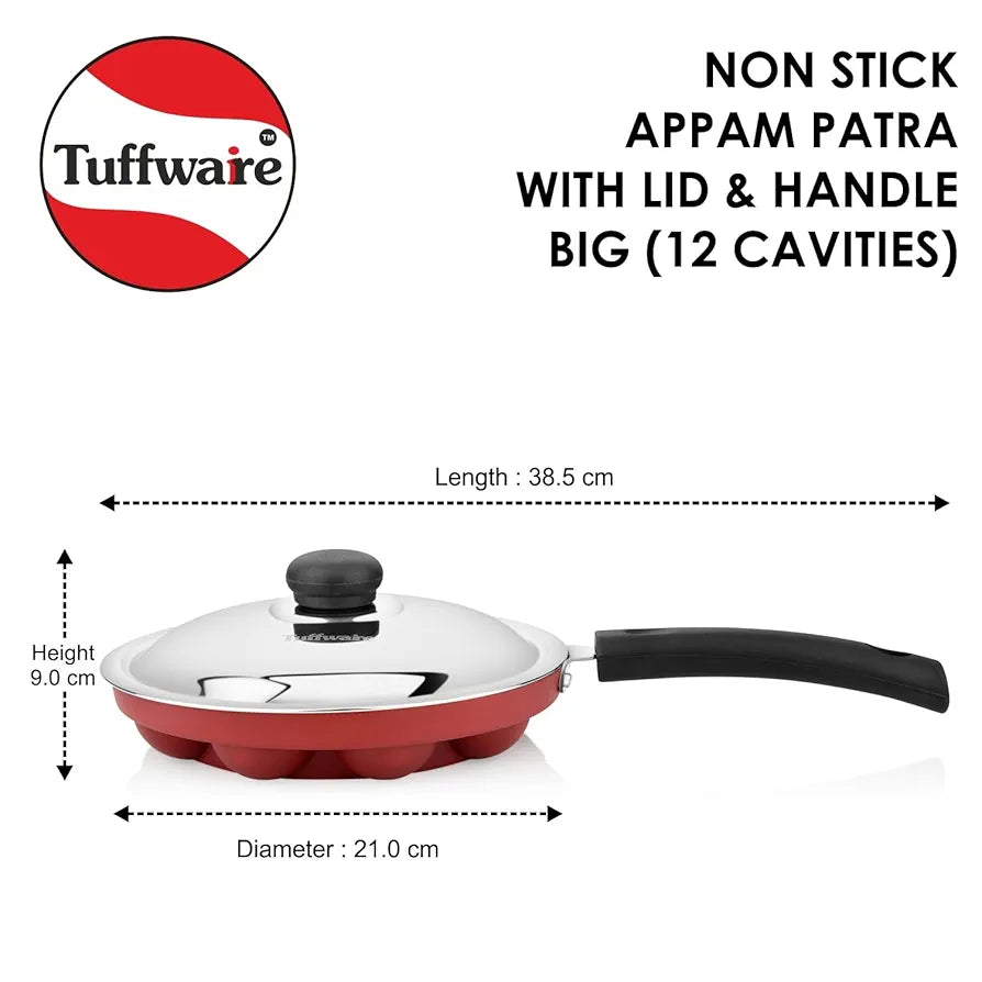 Tuffware Non-Stick Appam Patra , 12 Cavity, Stainless Steel Lid, Big, With Handle, PFOA Free