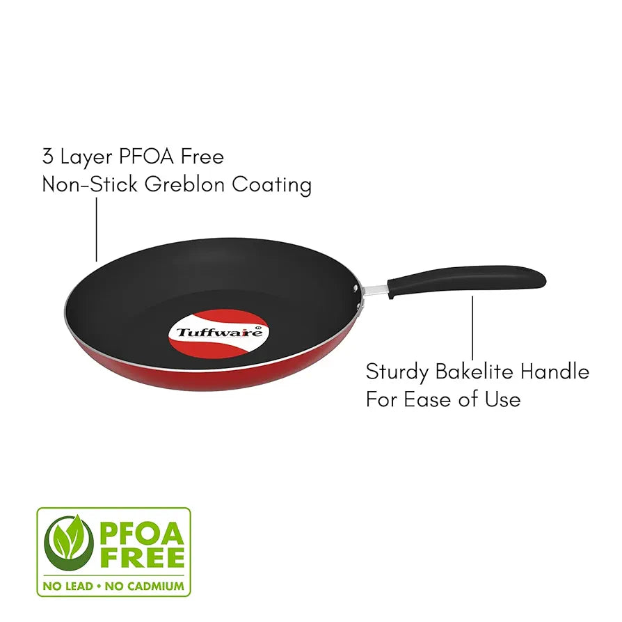 Tuffwaire Aluminium Non Stick Frypan - 19.5 cm | 3mm Extra Thick | 3 Layer Greblon Coating | Metal Spoon Friendly | Gas Stove| 1 Year Warranty - Red