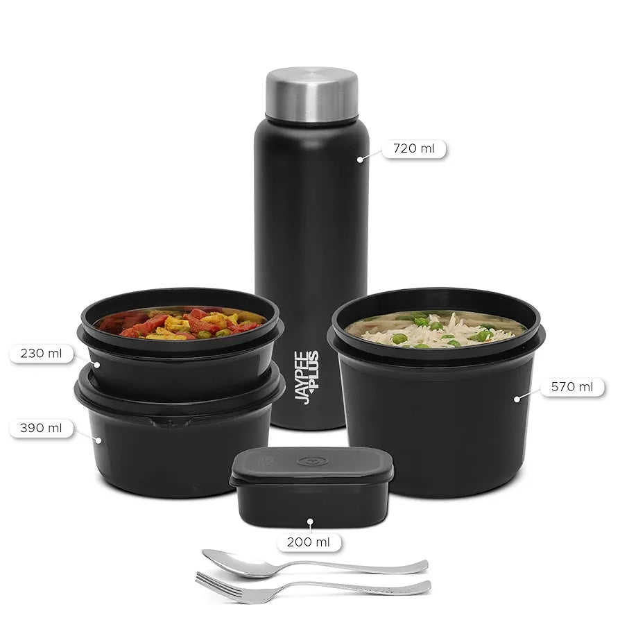Jaypee Plus Meal Plus 1390 ml Stainless Steel Office Lunch Box | BPA Free, Microwave Safe & Spillproof Airtight 4 Containers | Includes Bottle, Spoon, Fork & Bag | Ideal for College & School 
