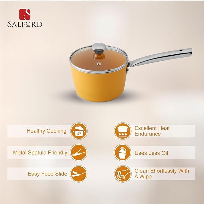 Salford Forged Ceramic Non-stick Saucepan With Glass Lid & Tubular Ss Handle | Mustard Yellow | 160mm | 1.75 Litre