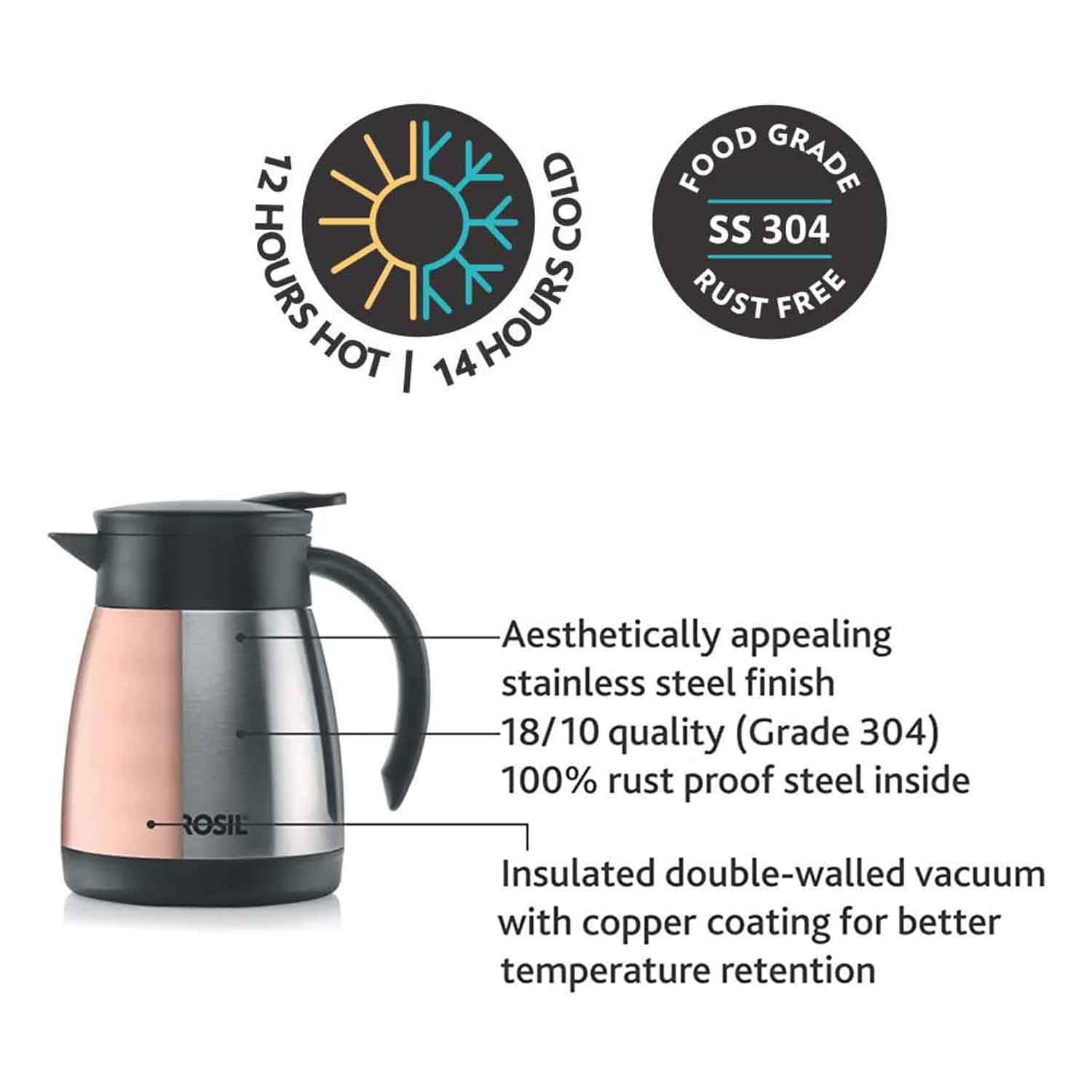 Borosil Stainless Steel 500ml Teapot with Handle | Double Wall Vacuum Insulated Thermosteel Carafe